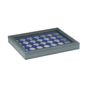 LINDNER - Cofanetto NERA CASSETTA M CON FINESTRA con interno blu a 35 caselle rotonde da 32 mm - Nero