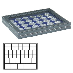 LINDNER - Cofanetto NERA CASSETTA M CON FINESTRA con interno blu a 45 caselle quadrate miste - Nero