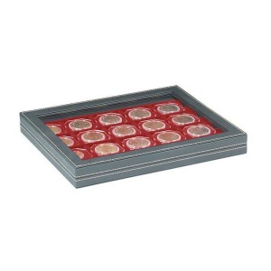 LINDNER - Cofanetto NERA CASSETTA M CON FINESTRA con interno bordeaux a 20 caselle quadrate da 50 mm con tacca - Nero