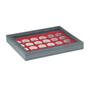 LINDNER - Cofanetto NERA CASSETTA M CON FINESTRA con interno bordeaux a 24 caselle quadrate da 42 mm - Nero