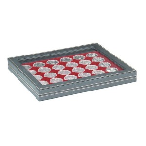 LINDNER - Cofanetto NERA CASSETTA M CON FINESTRA con interno bordeaux a 30 caselle rotonde da 37,5 mm - Nero