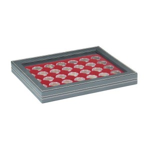 LINDNER - Cofanetto NERA CASSETTA M CON FINESTRA con interno bordeaux a 35 caselle rotonde da 32 mm - Nero