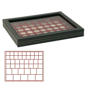 LINDNER - Cofanetto NERA CASSETTA M CON FINESTRA con interno bordeaux a 45 caselle quadrate miste - Nero