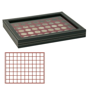 LINDNER - Cofanetto NERA CASSETTA M CON FINESTRA con interno bordeaux a 80 caselle quadrate da 24 mm - Nero
