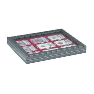 LINDNER - Cofanetto NERA CASSETTA M CON FINESTRA con interno bordeaux a 9 caselle rettangolari da 63x85 mm per Slabs - Nero