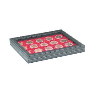 LINDNER - Cofanetto NERA CASSETTA M CON FINESTRA con interno rosso a 20 caselle quadrate da 50 mm con tacca - Nero