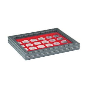 LINDNER - Cofanetto NERA CASSETTA M CON FINESTRA con interno rosso a 24 caselle quadrate da 42 mm - Nero