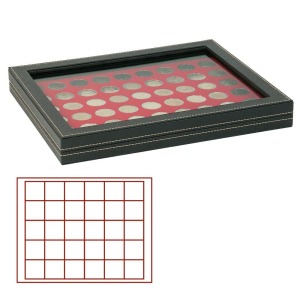 LINDNER - Cofanetto NERA CASSETTA M CON FINESTRA con interno rosso a 30 caselle quadrate da 38 mm - Nero