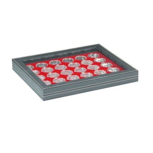 LINDNER - Cofanetto NERA CASSETTA M CON FINESTRA con interno rosso a 30 caselle rotonde da 39,5 mm - Nero