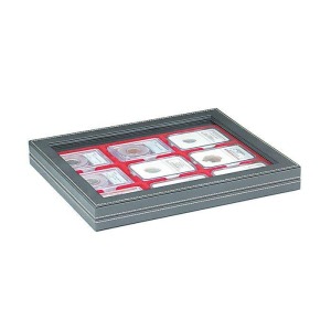 LINDNER - Cofanetto NERA CASSETTA M CON FINESTRA con interno rosso a 9 caselle rettangolari da 63x85 mm per Slabs - Nero