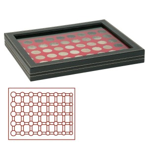 LINDNER - Cofanetto NERA CASSETTA M CON FINESTRA con interno rosso a caselle rotonde per 5 serie Euro - Nero