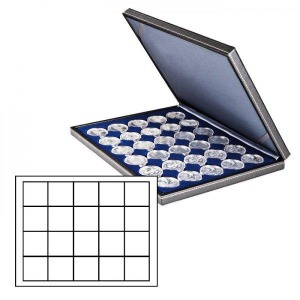 LINDNER - Cofanetto NERA CASSETTA M con interno blu a 20 caselle quadrate da 47 mm - Nero