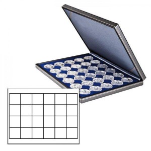 LINDNER - Cofanetto NERA CASSETTA M con interno blu a 24 caselle quadrate da 42 mm - Nero