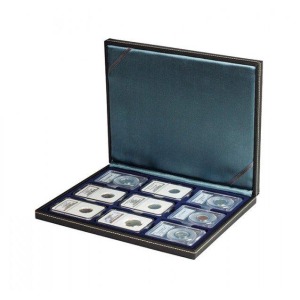LINDNER - Cofanetto NERA CASSETTA M con interno blu a 9 caselle rettangolari da 63x85 mm per Slabs - Nero