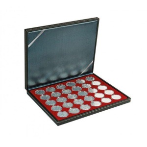 LINDNER - Cofanetto NERA CASSETTA M con interno bordeaux a 30 caselle rotonde da 37,5 mm - Nero