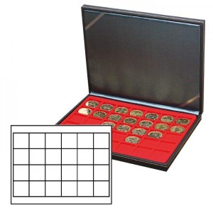 LINDNER - Cofanetto NERA CASSETTA M con interno rosso a 24 caselle quadrate da 42 mm - Nero