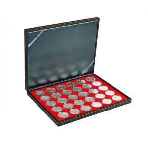 LINDNER - Cofanetto NERA CASSETTA M con interno rosso a 30 caselle rotonde da 37,5 mm - Nero