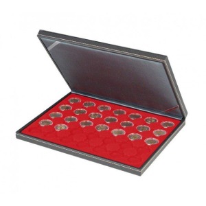 LINDNER - Cofanetto NERA CASSETTA M con interno rosso a 35 caselle rotonde da 32 mm - Nero