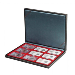 LINDNER - Cofanetto NERA CASSETTA M con interno rosso a 9 caselle rettangolari da 63x85 mm per Slabs - Nero