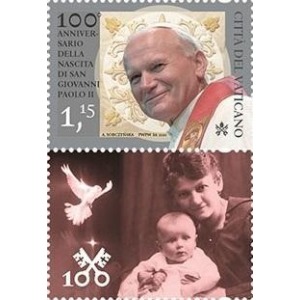 VATICANO - 2020 - 100° della nascita di San Giovanni Paolo II - 1 v. con 1 chiudilettera casuale (E.C. di Vaticano con Polonia)