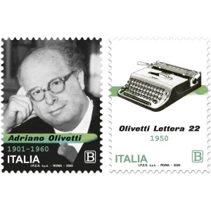 ITALIA - 2020 - 60° della morte di Adriano Olivetti e 70° della macchina per scrivere portatile Olivetti Lettera 22 - 2 v. con codice a barre