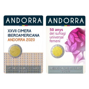ANDORRA - 2020 - Coppia 2 € Suffragio universale femminile + Summit Ibero-Americano - FDC in blister