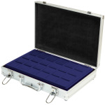 LINDNER - Valigetta ALU per monete con 5 vassoi in floccato blu a 77 caselle quadrate da 24 mm