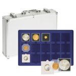 LINDNER - Valigetta ALU per monete con 5 vassoi in floccato blu a 15 caselle quadrate da 50 mm con tacca
