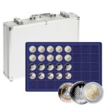 LINDNER - Valigetta ALU per monete con 5 vassoi in floccato blu a 40 caselle quadrate da 34 mm