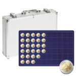 LINDNER - Valigetta ALU per monete con 5 vassoi in floccato blu a 60 caselle quadrate da 27 mm