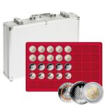 LINDNER - Valigetta ALU per monete con 5 vassoi in floccato rosso a 40 caselle quadrate da 34 mm