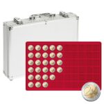 LINDNER - Valigetta ALU per monete con 5 vassoi in floccato rosso a 60 caselle quadrate da 27 mm