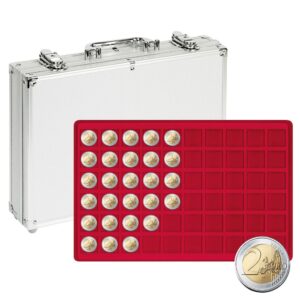 LINDNER - Valigetta ALU per monete con 5 vassoi in floccato rosso a 60 caselle quadrate da 27 mm