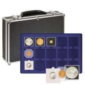 LINDNER - Valigetta numismatica nera con 8 vassoi in floccato blu a 15 caselle quadrate da 50 mm con tacca