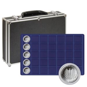 LINDNER - Valigetta numismatica nera con 8 vassoi in floccato blu a 35 caselle quadrate da 39 mm