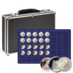 LINDNER - Valigetta numismatica nera con 8 vassoi in floccato blu a 40 caselle quadrate da 34 mm