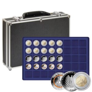 LINDNER - Valigetta numismatica nera con 8 vassoi in floccato blu a 40 caselle quadrate da 34 mm