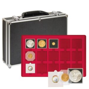LINDNER - Valigetta numismatica nera con 8 vassoi in floccato rosso a 15 caselle quadrate da 50 mm con tacca