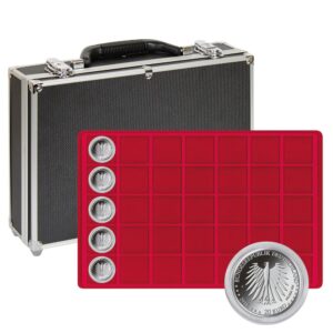 LINDNER - Valigetta numismatica nera con 8 vassoi in floccato rosso a 35 caselle quadrate da 39 mm