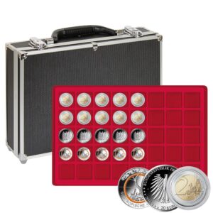 LINDNER - Valigetta numismatica nera con 8 vassoi in floccato rosso a 40 caselle quadrate da 34 mm