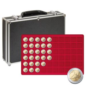 LINDNER - Valigetta numismatica nera con 8 vassoi in floccato rosso a 60 caselle quadrate da 27 mm