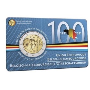2021 2 Euro 100° dell Unione Economica tra Belgio e Lussemburgo FDC in coin card versione francese Belgio fronte