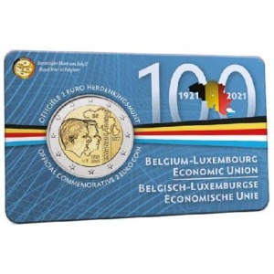 2021 2 Euro 100° dell Unione Economica tra Belgio e Lussemburgo FDC in coin card versione olandese Belgio fronte