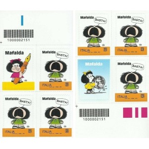 ITALIA - 2021 - Mafalda - 2 blocchi di 3 v. con chiudilettera e codice a barre