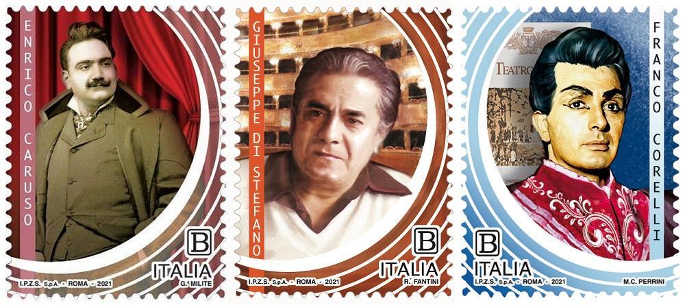 2021 Anniversari di Enrico Caruso Giuseppe Di Stefano e Franco Corelli 3 v. Italia ITALIA - 2021 - Anniversari di Enrico Caruso, Giuseppe Di Stefano e Franco Corelli - 3 v. con codice a barre