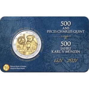2021 2 Euro 500° dell ordinanza di emissione di monete durante il regno di Carlo V FDC in coin card versione francese Belgio fronte