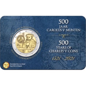 2021 2 Euro 500° dell ordinanza di emissione di monete durante il regno di Carlo V FDC in coin card versione olandese Belgio fronte