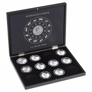 Cofanetto VOLTERRA in legno con 1 ripiano a 12 caselle rotonde per once Ag. Lunar III in capsula Nero Leuchtturm 1
