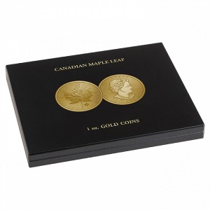LEUCHTTURM - Cofanetto VOLTERRA in legno con 1 ripiano a 30 caselle rotonde per once oro Maple Leaf - Nero