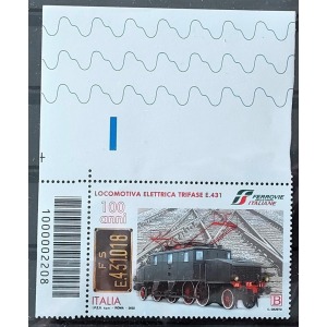 ITALIA - 2022 - 100° della locomotiva elettrica trifase E.431 - 1 v. con codice a barre e bordo di foglio decorato